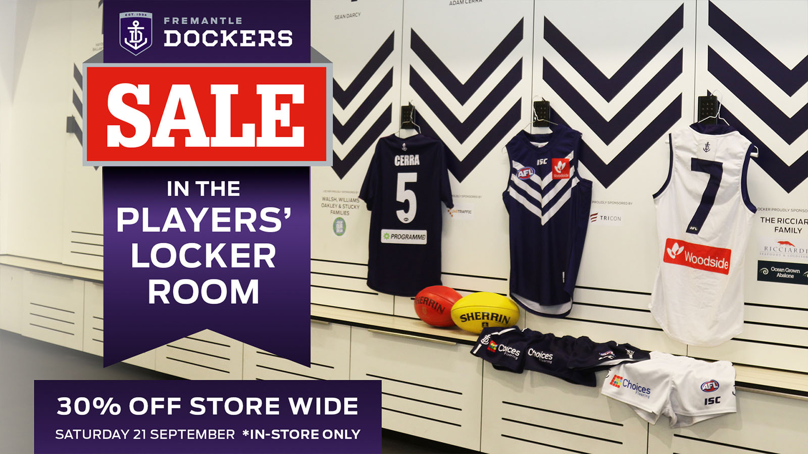 locker room web 119.jpg Members are invited into the club for the locker room sale on Saturday 21 September - Fremantle,Fremantle Dockers